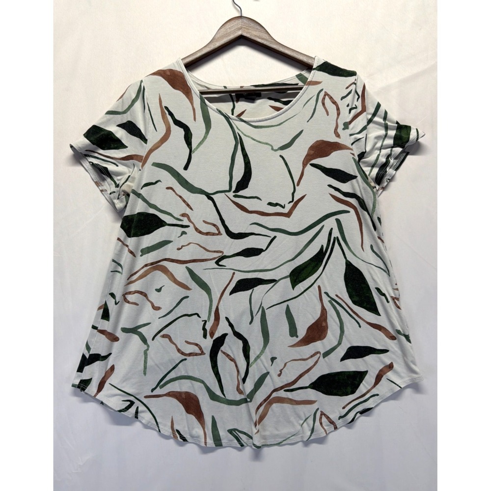 Alfani Knit Blouse Top Womens 0X White Multi Abstract Print Pleated Scoop Neck
